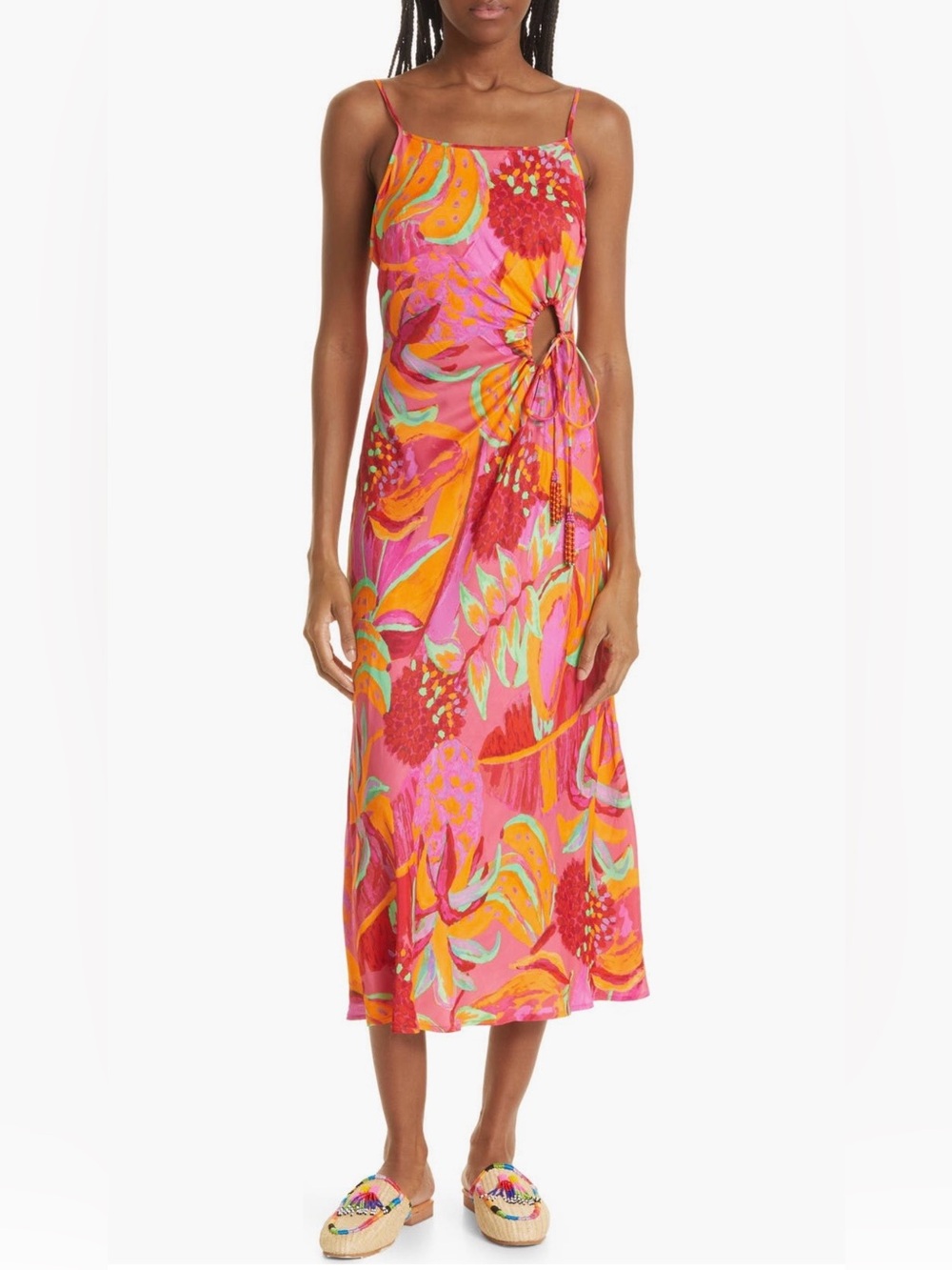 NWT Farm  Rio FRUIT BRUSH CUTOUT MIDI DRESS, Size M